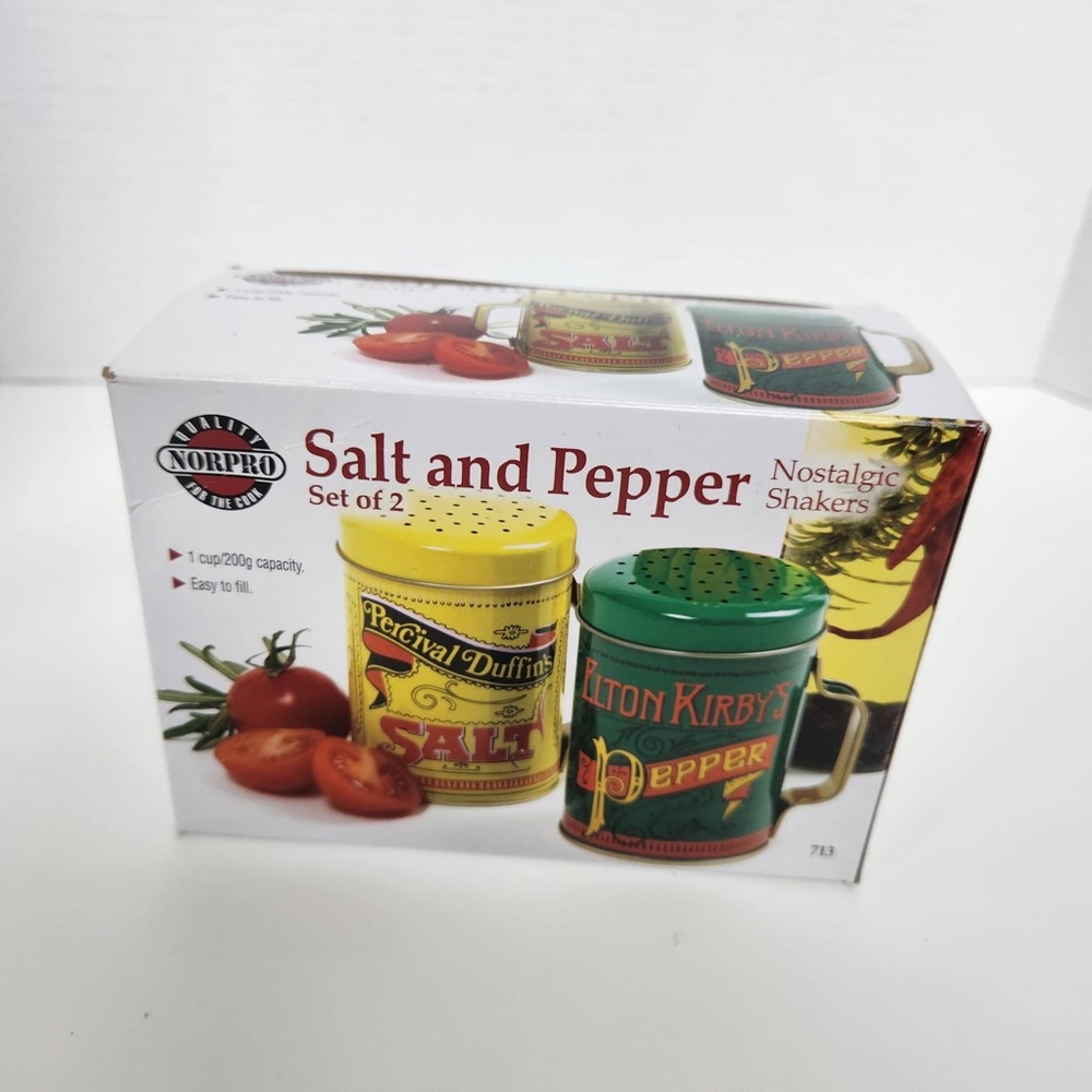 New in box shakers advertising Percival Duffin's salt Elton Kirby pepper NorPro